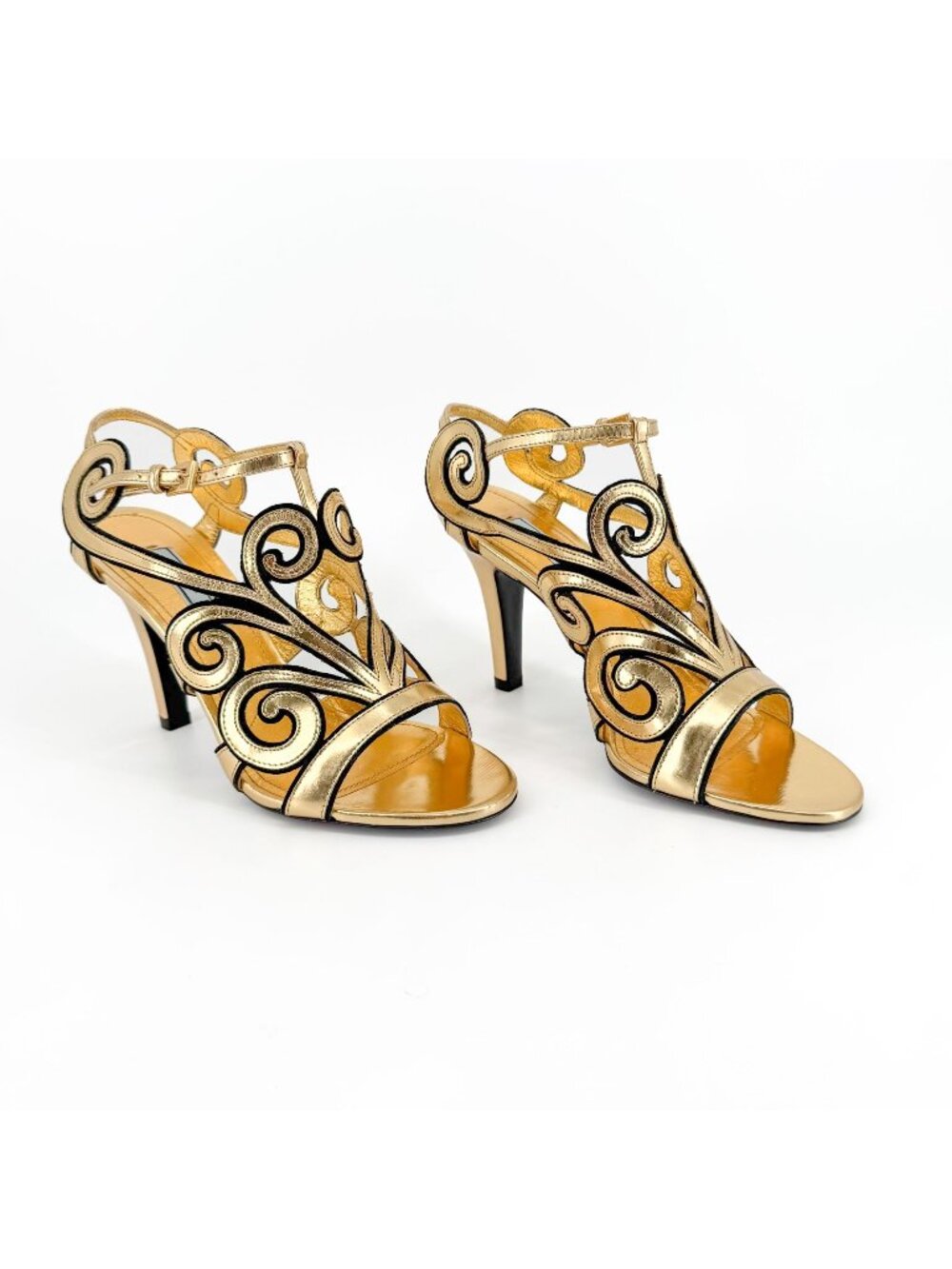 Prada Baroque Gold Caged Sandals Size 37.5 US 7.5 Cutout Metallic Leather Heels